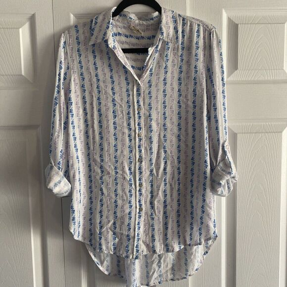 Jane And Delancey Women's Button Front Medium Pink Blue Rolled Cuff Button Up - Picture 1 of 6